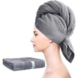 FveVqe Microfibre Hair Towel - Super Absorbent, Elastic Strap for Wet/Curly/Long & Thick Hair (Gray)