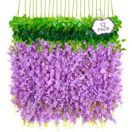 Siyaluens 12Pcs Artificial Wisteria Hanging Flowers, 3.6Ft/Pcs Purple Fake Wisteria Garland for Wedding Party Home Garden Indoor Outdoor Decoration