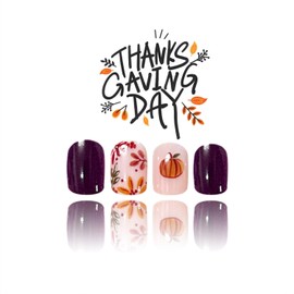 24 Pcs Fall Press on Nails Short Square Nails Press Ons with Gold Orange Pumpkin Fallen Leaves Fake Nails Full Cover Thanksgiving Stick on Nail Artificial Acrylic Glossy Press on Nail for Women