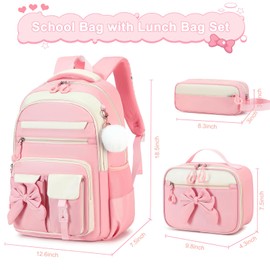 3PCS Backpack for Girls, Girls Backpack for School with Lunch Box Pencil Case, Cute Kids Teens Bookbag for Kindergarten Elementary Preschool Middle School (Pink)