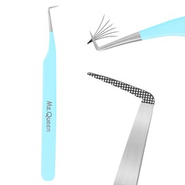 Ms.Queen Lash Tweezers for Eyelash Extensions, Precision Fiber Tip 90 Degree Tweezers for Mega Volume Lashes Extensions, Blue