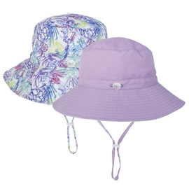 LO SHOKIM Baby Sun Hat 2 Pack Toddler UPF 50+ Summer Sun Protection Wide Brim Bucket Hat Baby Girl Beach Hat Boy Kids Adjustable Cap Summer (Purple + Purple Flower, M)