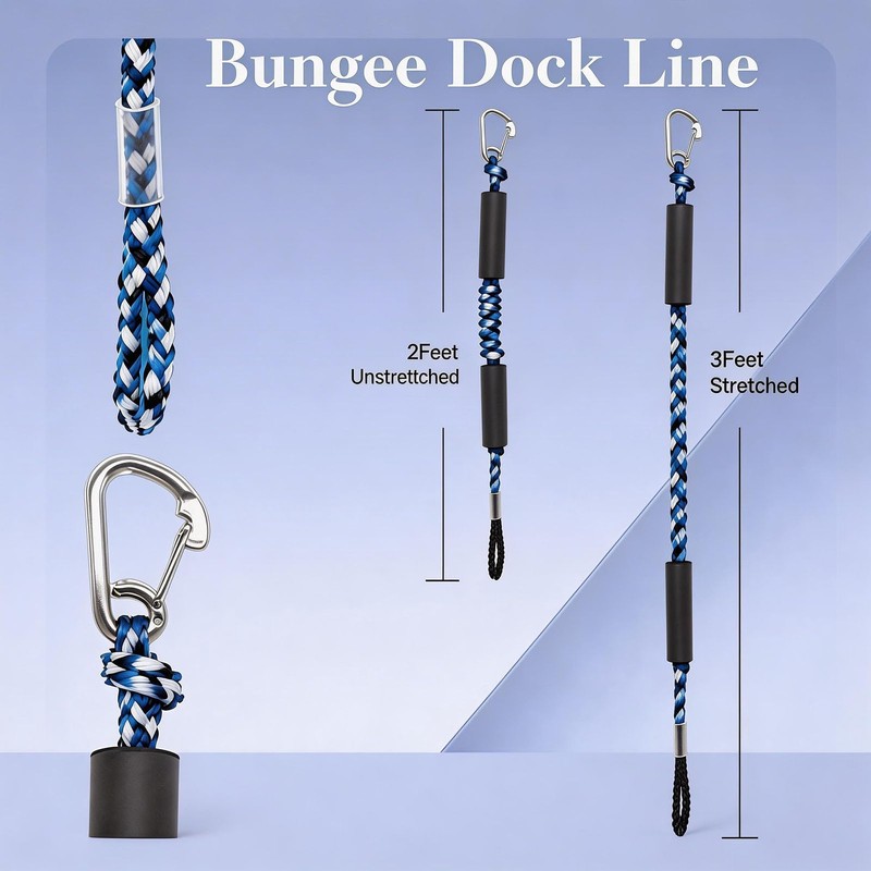 2 PK Blue Bungee Dock Lines for Boats 2FT with
