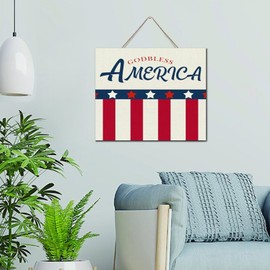 God Bless America Wall Decor Signs Vintage Wooden Sign Vertical Memorial Day Patriotic President's Day Wall Art Wood Plaque Sign Home Decor for Indoor Porch 10x12 Inch