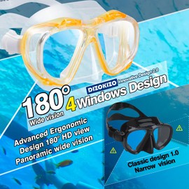 Dizokizo Scuba Diving Mask for Adult, 180° Panoramic View Snorkel Mask, Anti-Fog Anti-Leak Adjustable Scuba Mask Diving Goggles with Nose Cover for Swimming Snorkeling (Yellow)
