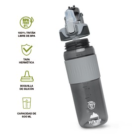 HIKEO Termo para Agua de Tritán Indestructible 600ml con Boquilla tipo Popote de Silicón, Botella de Agua Ultra Resistente con Tapa Hermética, Resistente a Caídas, No Retiene Olores, 100% Libre de BPA