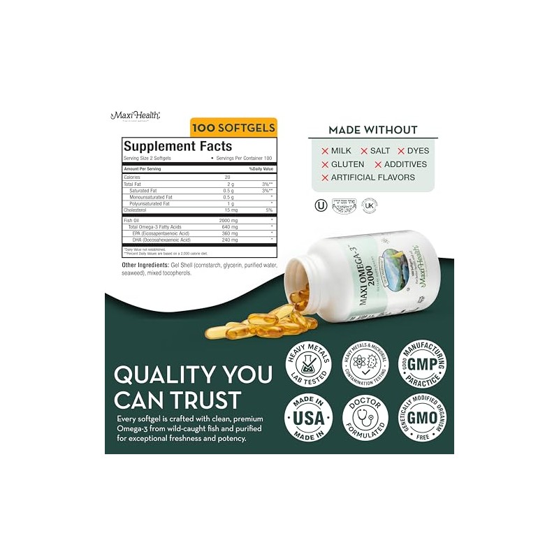 Maxi Health, Maxi-Omega-3 2000, 100 Maxi Gels Bottle
