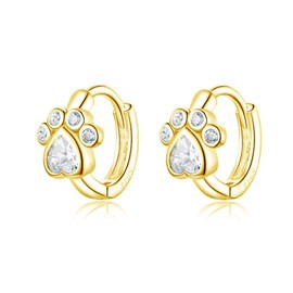 Cute CZ Cat Dog Paw Print Cartilage Small Huggie Hoop Earrings for Women Sterling Silver Chic Dainty Animal Pet Lovers Sleeper Little Hoops Delicate Hypoallergenic Gifts Daughter 8mm (Gold)