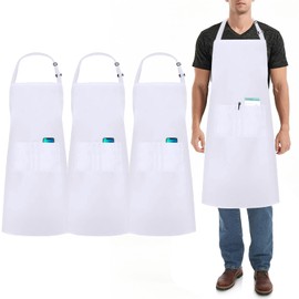 umboom 3 Pieces White Cooking Apron, Adjustable Kitchen Apron with 3 Pockets for Men Women, Catering Work Apron for Waiter, Boss, Hairdresser, Barista, Baking Bar (Polycotton - White)