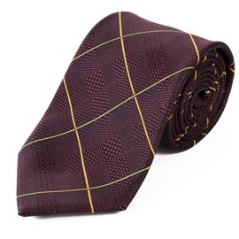 Michi Kolondon Brand Necktie, Made in Japan, 100% Silk, Jacquard Woven, Checkered Pattern, Checkered, Pattern A: Wine