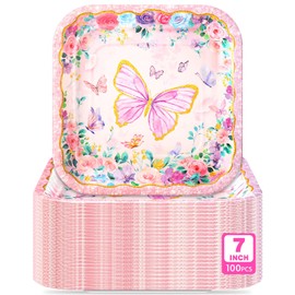 Potchen 100 Pcs Butterfly Dessert Plates Bulk 7 x 7 Inch Disposable Pink Butterfly Paper Plates Square Gold Foil Dessert Plates for Butterfly Spring Party Decor Supplies