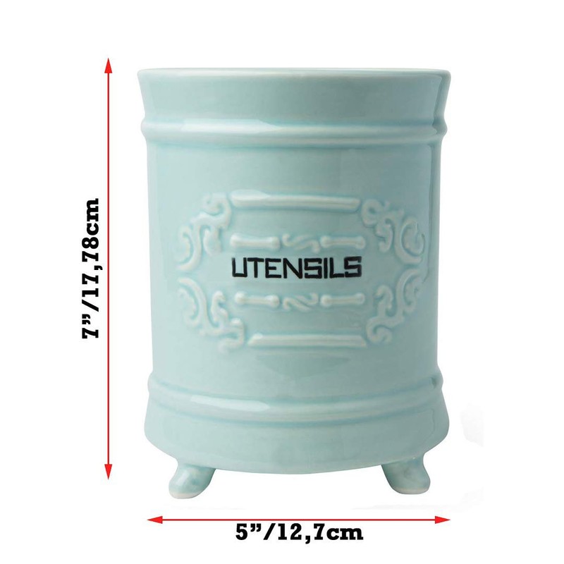 French Blue Ceramic Utensil Holder - Vintage Style Kitchen Utensil