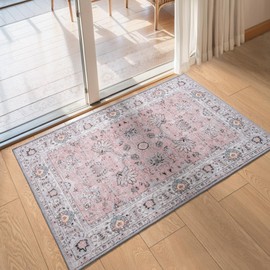 Indoor Entrance Door Mat Small Area Rug 2x3 Washable Rug Non-Slip, Soft Boho Floral Carpet Low Pile Vintage Rug for Entryway, Kitchen, Front Door, Indoor Entrance, Bedroom, Bathroom (Pink)