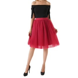 FEOYA Women's Red Tutu Skirt Elastic Waist Layered Tulle Skirt Ballet Princess Mesh Short Skirt