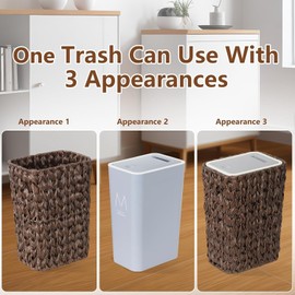 TREATLIFE HOME Small Bathroom Trash Can with Lid, 2.6 Gallon Rattan Basket Design, Slim Wicker Wastebasket for Bathroom, Kitchen, Office, Living Room, Bedroom - Brown