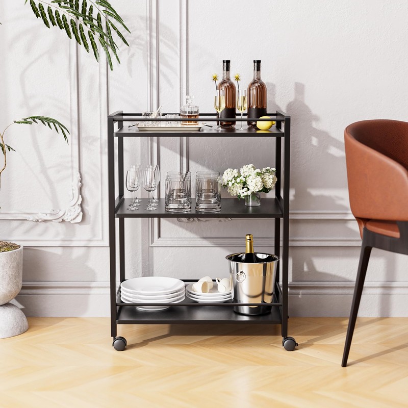 HITNET Bar Cart Black, Serving Cart for Home, 3 Tier