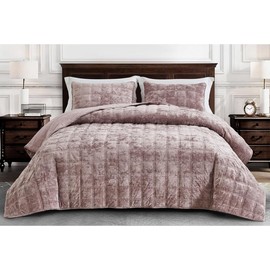 TRP 3 Piece Plush Silky Soft Smooth Hand-Feel Velvet Quilt King Size Double Box Stitch Pattern | Reversible All Seasons Dusty Pink Color Aesthetic Bedding Luxury Lightweight Bedspread Coverlet Set