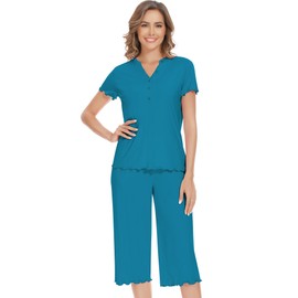 NACHILA Women's Pajamas Set-Viscose Made from Bamboo, Short Sleeve Pjs Soft Capri Pants Pajamas Cool Sleepwear for Ladies, E-turquoise, Small