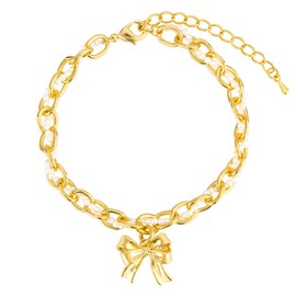 NEKOL Gold Bow-knot Link Bracelet for Women, 14K Gold Plated Dainty Pearl Link Chain Bracelet, Simple Boho Minimalist Stacking Layered Link Jewelry Gift for Her, Large