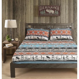 Chezmoi Collection 5-Piece Southwestern Cowboy Rodeo Sheet Set Split King Size - Multicolor Blue Brown Beige Clay Printed Brushed Microfiber Lightweight Breathable Deep Pocket Bed Sheets