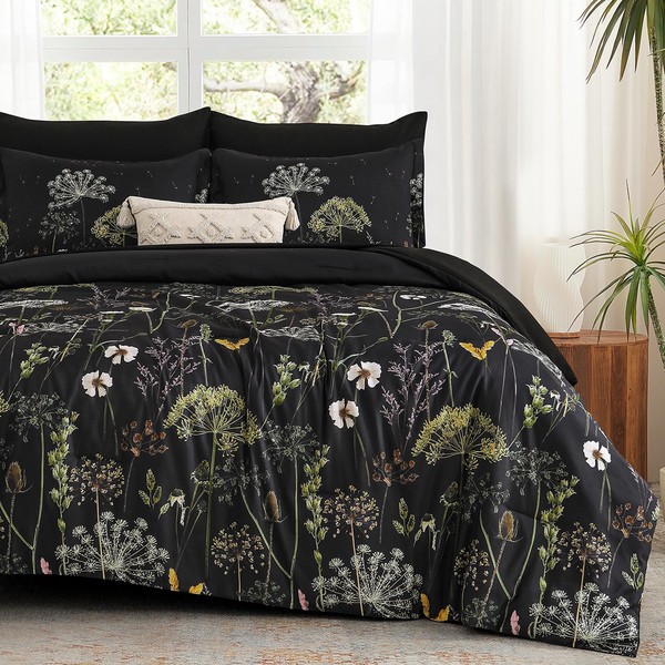 Yiran 7 Piece Black Floral Comforter Set Queen Size, Dandelion