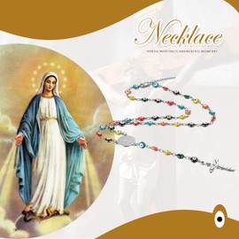Flongo Evil Eye Rosary Necklace: Classic Catholic Cross Y Shaped Necklace Sliver Virgin Mary Rosary Necklace Stainless Steel Colorful Beaded Necklace for Men and Women