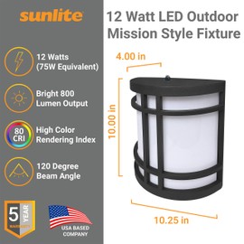 Sunlite 88682 LED Mission Style Outdoor Fixture, 12 Watts (75W Equivalent), 800 Lumens, Built-in Photocell, Black Finish, Opaque White Lens, Color Temperature Selectable 3000K/4000K/5000K