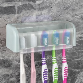 Toothbrush Holder Wall Mounted with Cover for Bathroom, 5 Slots Toothbrush Storage Organizer for Shower, Self Adhesive Toothbrush Hanger Rack for Dorm, Cabinet(Blue)