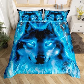 Wolf Bedding Single Kids Teenagers Safari Animal Pattern Duvet Cover Set Cool Wildlife Wildlife Beds Set Glitter Blue Wild Wolf Lightweight Bedclothes Boys Girls Teens Soft Microfiber