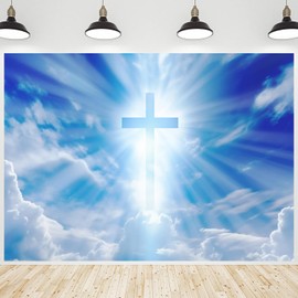CRTPOD Jesus Christ Cross Backdrop He is Risen Holy Light God Bless Background Photography Banner for Christian Church Prayer Easter Party Decorations Supplies Photo Studio Photobooth Props 7x5ft