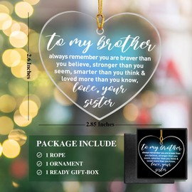 Brother Gift from Sister, Brother Christmas Ornament Gift Birthday Graduation Gifts for Brother Acrylic Heart Keepsake Gift, to My Brother