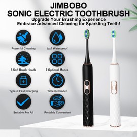 JIMBOBO M6 Electric Toothbrush for Adults and Kids, Rechargeable Sonic Toothbrush with 8 Brush Heads, 3 Cleaning Modes, 3 Whitening Levels, 2 Minutes Smart Timer, 38000 VPM Motor (Black, M6)