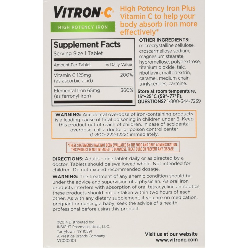 VITRON-C High Potency Iron Plus Vitamin C Tablets - 60
