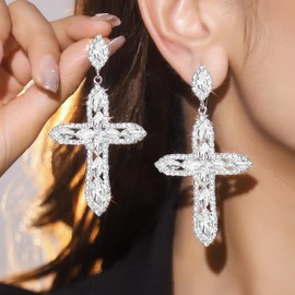 Rhinsetone Cross Earrings for Women Silver Sparkle Cross Earrings Dangle CZ Gothic Cross Stud Earrings Christmas Jewelry Gifts