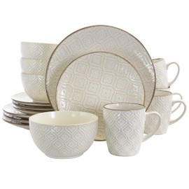 Elama Elegant Round Stoneware Ogee Style Dinnerware Dish Set, 16 Piece, White