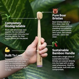 PRIMALS Kids Boar Bristle & Bamboo Toothbrush (4-Pack) - Healthy Boar Bristles - Zero Microplastics - Fully Biodegradable - Quick Dry Design