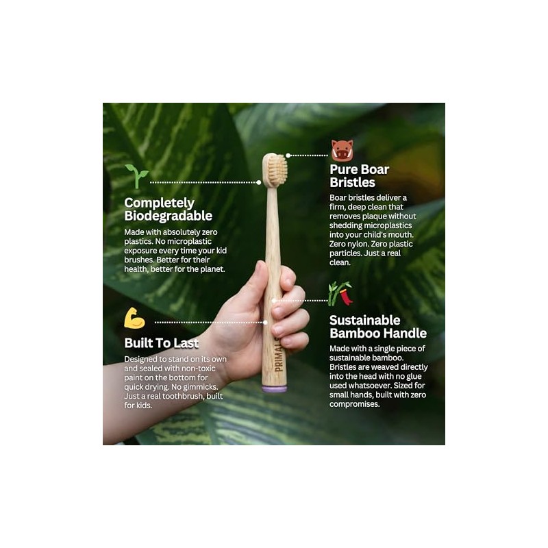 PRIMALS Kids Boar Bristle & Bamboo Toothbrush (4-Pack) - Healthy