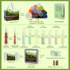 Ramlur Needle Felting Starter Kit, Needle Felting Kit, Wool Felting Kit for Beginners Felting Supplies with 18 Colors Roving Wool Felting Needles Needle Felting Pad and Instructions