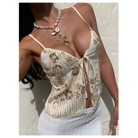 Milumia Women's Floral Sequin Front Tie Tops Y2k Split Hem Going Out Crop Tops Beige Medium