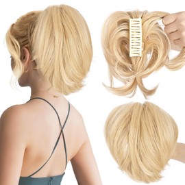 MFDYMYGS Messy Bun Hair Piece Claw Clip, Messy Bun Hair Piece with Bendable Metal,Short Ponytail Extensions Hairpieces for Women (Light Blonde)