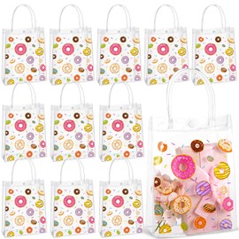 Saypacck 12 Pcs Donut Party Favor Gift Bags Plastic Clear Gift Bags with Handles Sweet One Two Birthday Party Decorations Donut PVC Candy Handbags for Supplies Treat (5.9 x 7.9 x 2.8 Inches)