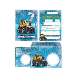 12 Invitation Cards with 12 Envelopes for 7th Children's Birthday Invitation Seventh Birthday Boys Monster Truck Car