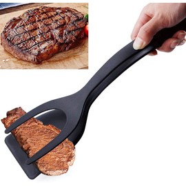 2 in 1 Egg Spatula, Fried Egg Grip Flip Tongs, Double Sided Spatula Turner, Multi-purpose Non-Stick Kitchen Shovel for Bread Fish Pancake Toast (A) (Black)