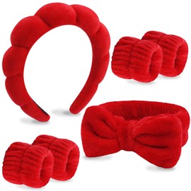 VELSCRUN 6 Pack Spa Headband, Makeup Headband, Face Wash Headband, Skincare Headbands, Red Sponge Hair Band Bow Tie Spa Headband for Washing Face Wristband Set Hair Accessories for Women Girls Gifts