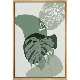 Color-Banner Framed Canvas Print Wall Art Jungle Leaf Duo with Green Oblong Circles Floral Plants Digital Art Modern Art Tropical Colorful Cool for Living Room, Bedroom, Office - 24"x36" Natural