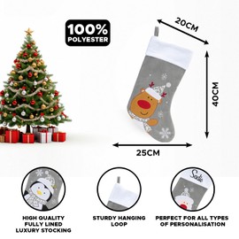 Gift Hub Christmas Stockings | Santa, Snowman, Reindeer & Penguin Plush Silver & White Stockings | Fireplace & Christmas Tree Decoration Hanging Ornaments for Kids & Family | 40cm X 25cm (Reindeer)