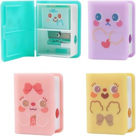 4Pcs Cute Dual Purpose Book Pencil Sharpener Eraser, Cute Cartoon Student Eraser Pencil Sharpener