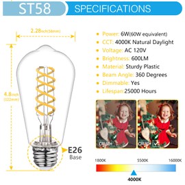 loongpopo 4 Pack ST19(ST58) Vintage LED Edison Light Bulbs, Neutral White 4000K, Dimmable 600LM, CRI 80+, 6W Equivalent to 60W, E26 Base Clear Plastic, Antique Decorative LED Filament Bulbs for Home