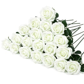 20 Pcs White Artificial Flowers Fake Artificial Roses Silk Flower with Stem