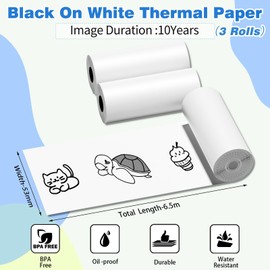 Thermal Paper, Sticker Printer Paper, Mini Printer Sticker Paper Roll, Thermal Printer Paper for Sticker Printer T02/M02X/M02L, 3 Rolls, 50mm*3.5m, Photos, Labels, Notes, Memo, DIY